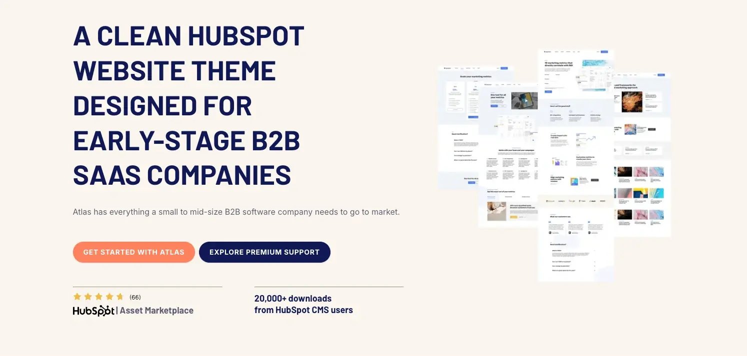 Atlas HubSpot CMS marketplace landing page featuring a clean B2B SaaS website theme headline, call-to-action buttons, HubSpot branding, a 4+ star rating, and download count of 20,000+ from HubSpot CMS users.