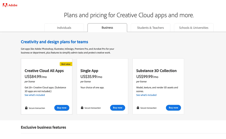 saas pricing example - adobe