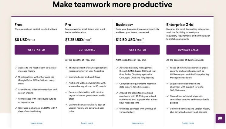 saas pricing example - slack