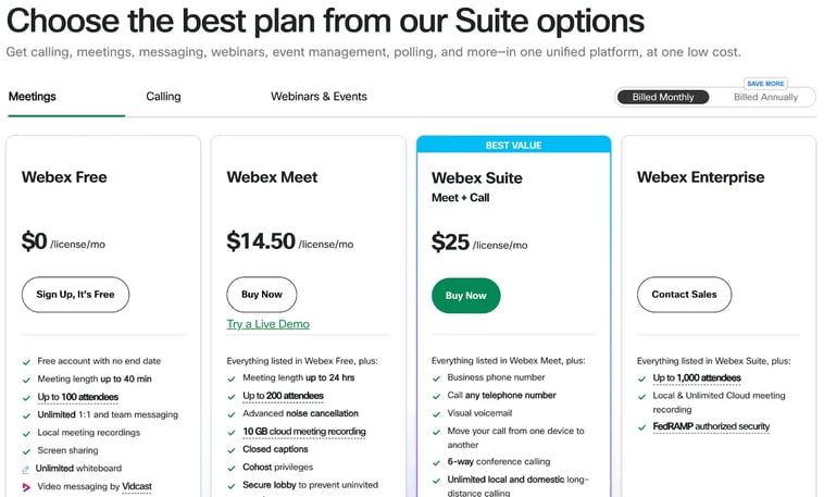 saas pricing example - webex