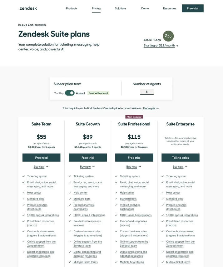 saas pricing example - zendesk