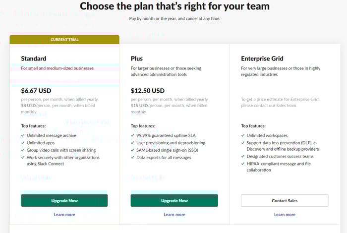 slack pricing page