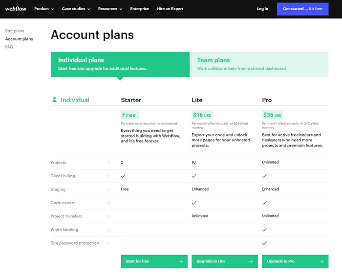 webflow pricing page