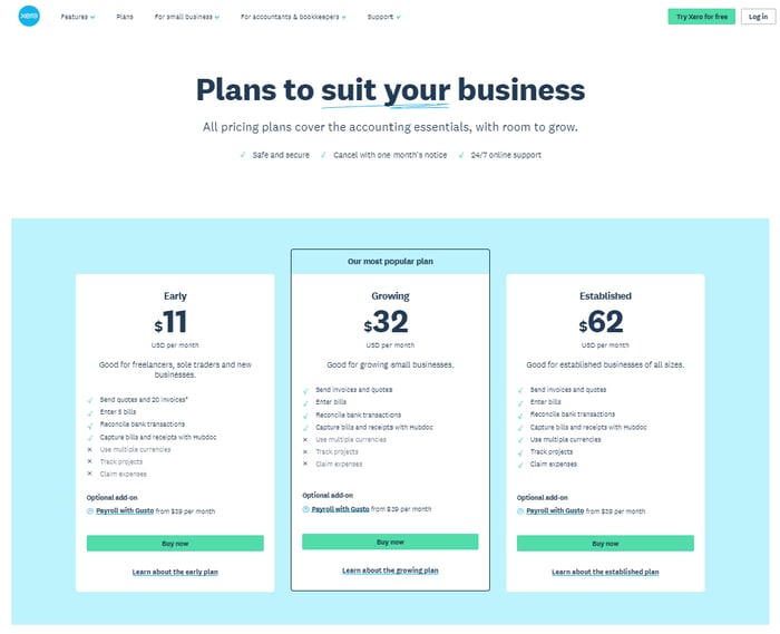 xero pricing page
