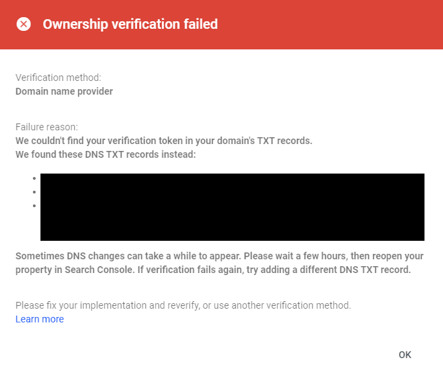 Google site verification failed