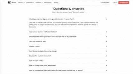 Notion pricing page FAQs example
