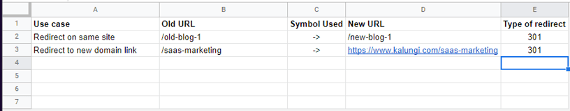 Example of manual 301 redirects for Squarespace shown on Google Sheets