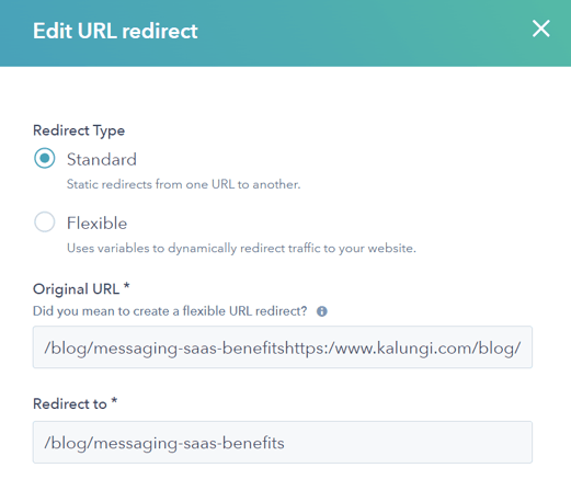 Adding the orginal URL and it's new destination that it needs to be redirected to