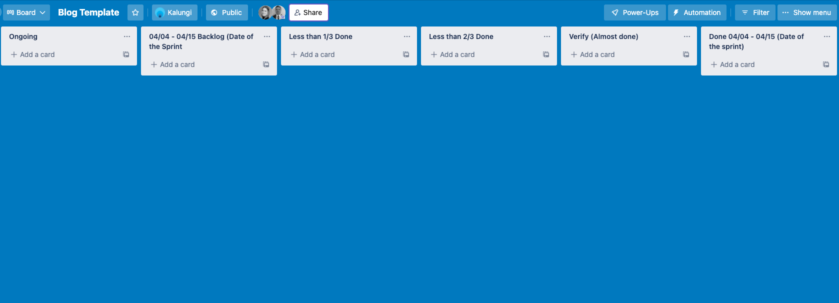 Trello example sprint for project management