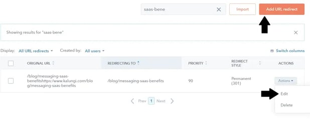Example of adding or editing a URL redirect in HubSpot