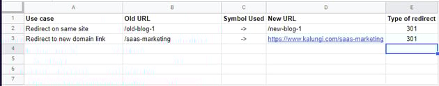Example of manual 301 redirects for Squarespace shown on Google Sheets