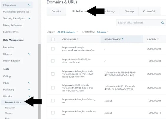 Navigating HubSpot settings to get to the URL redirects section