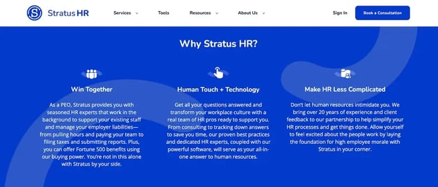 stratus hr b2b saas branding strategy website example - value propositions