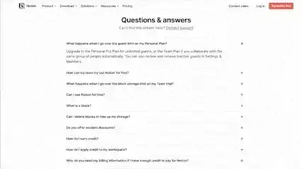 Notion pricing page FAQs example