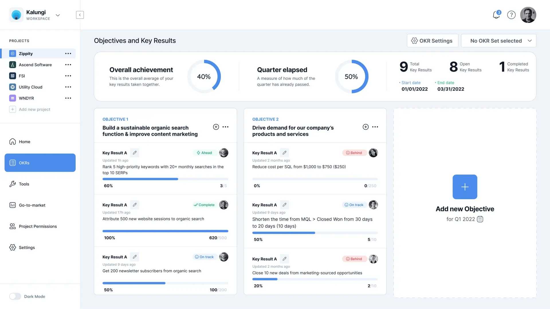 saas marketing okr tool dashboard