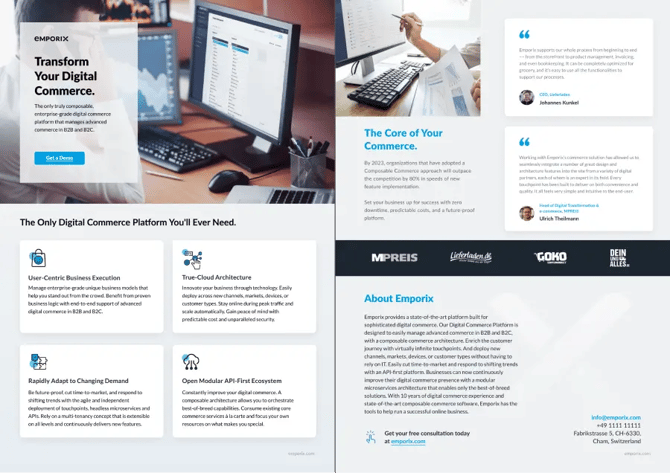 saas one pager example - enterprise-grade digital commerce platform product overview