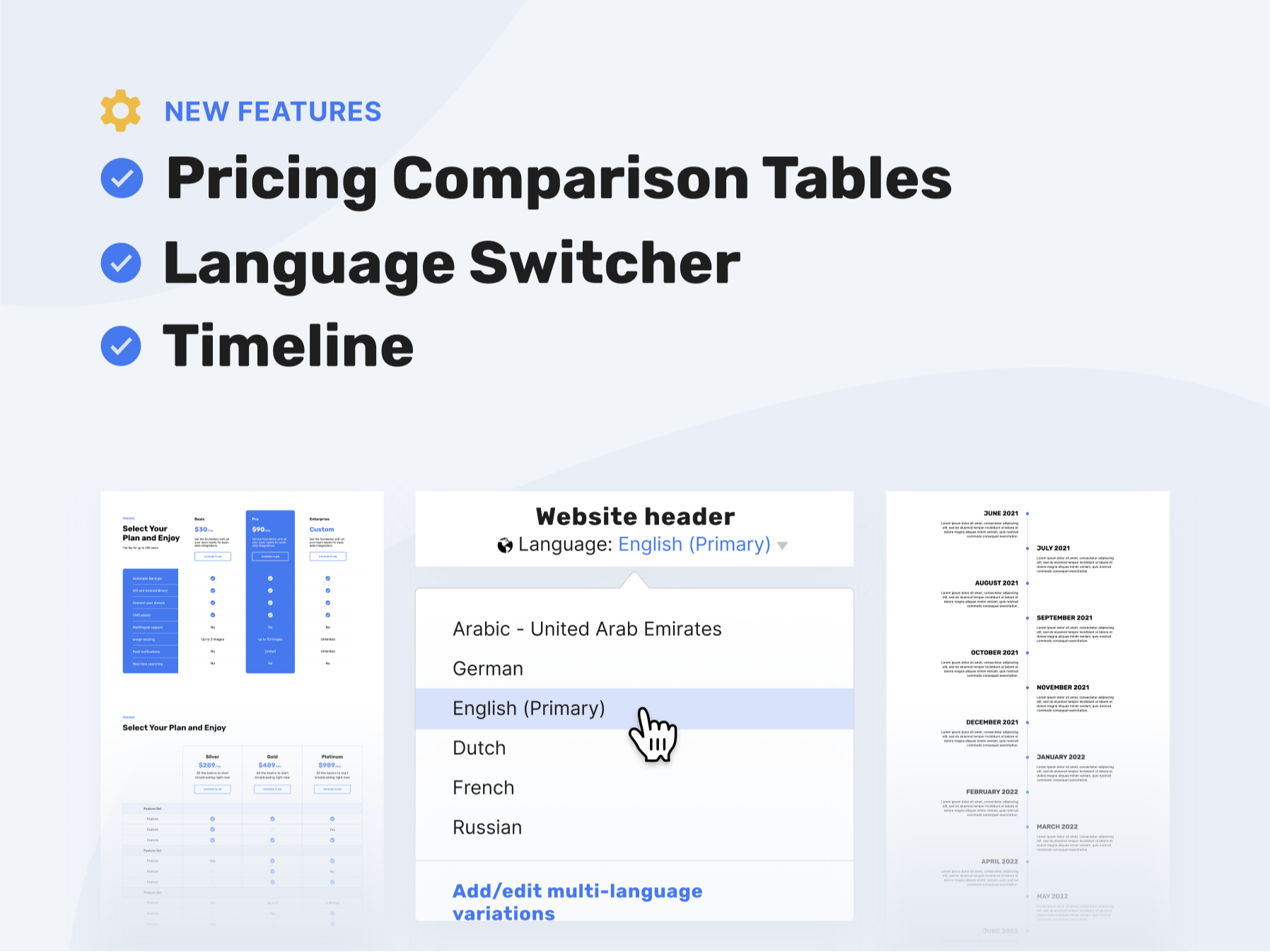 Advanced modules - Pricing comparison, language switcher & timeline