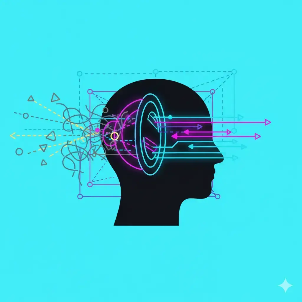 A silhouette of a head transforms chaotic shapes into clear, organized neon arrows.